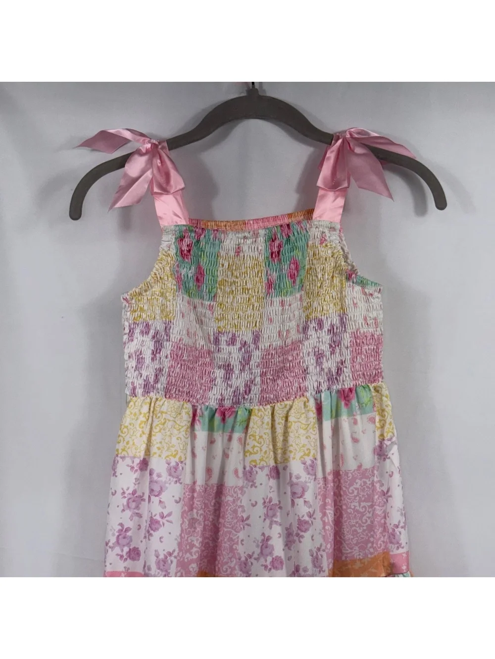 SHEIN Girls Size 11Y Patchwork Floral Tiered Maxi Dress Pink Bow Straps